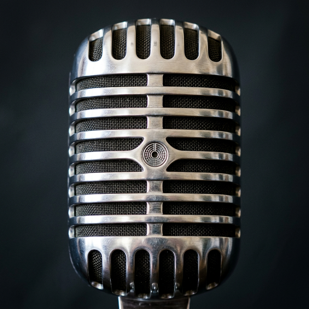 Vintage Shure microphone mounted on a metal stand with cable
